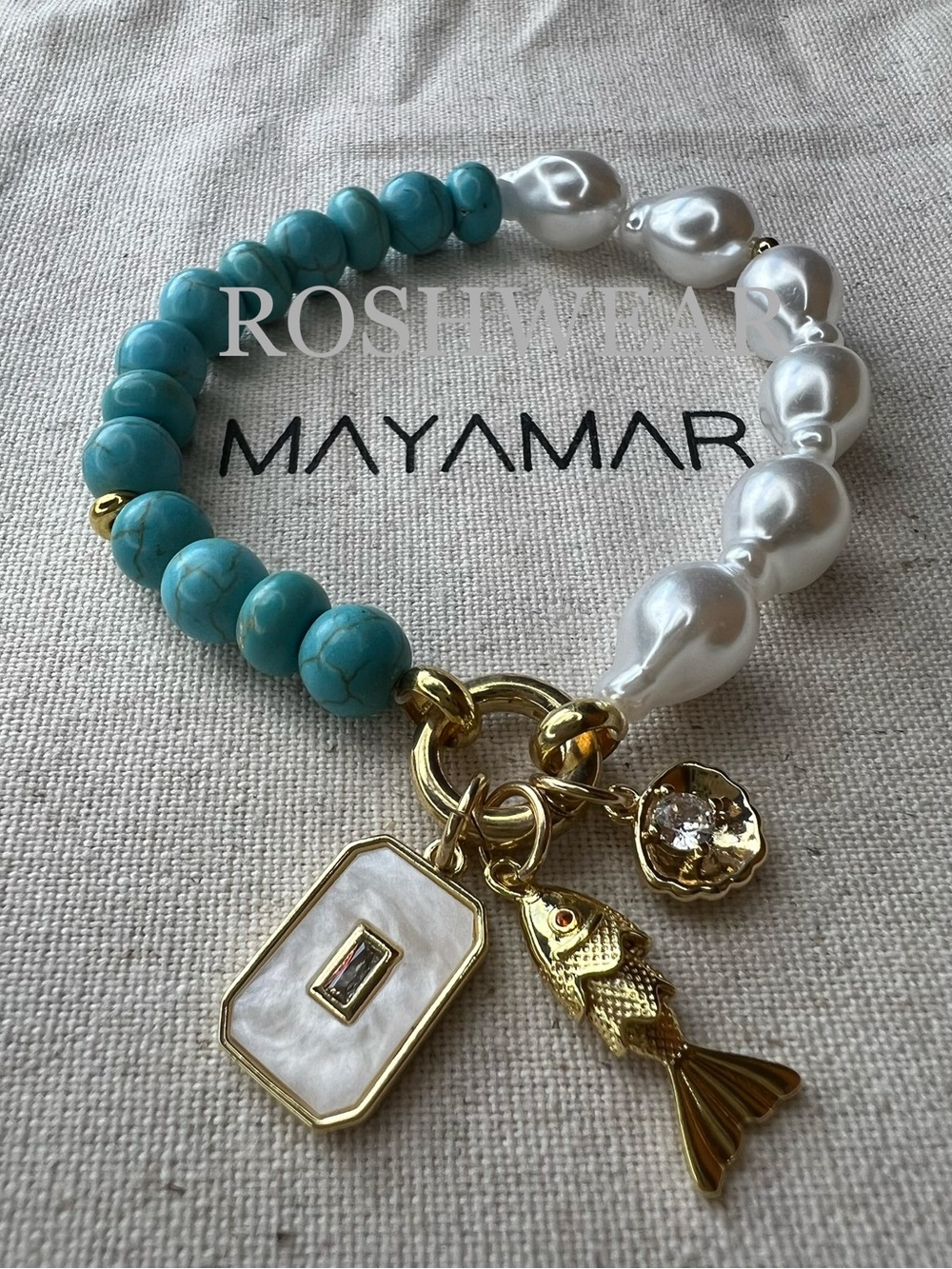 Carabiner Turquoise & Pearl Charm Bracelet with Gold Accents NWOT - Picture 5 of 9